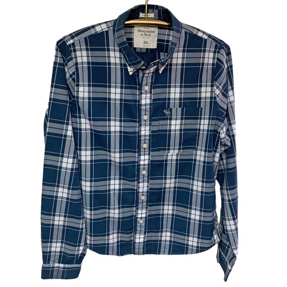 Abercrombie Fitch Blue Plaid Button Down Long Sleeve Muscle Shirt - Picture 6 of 11